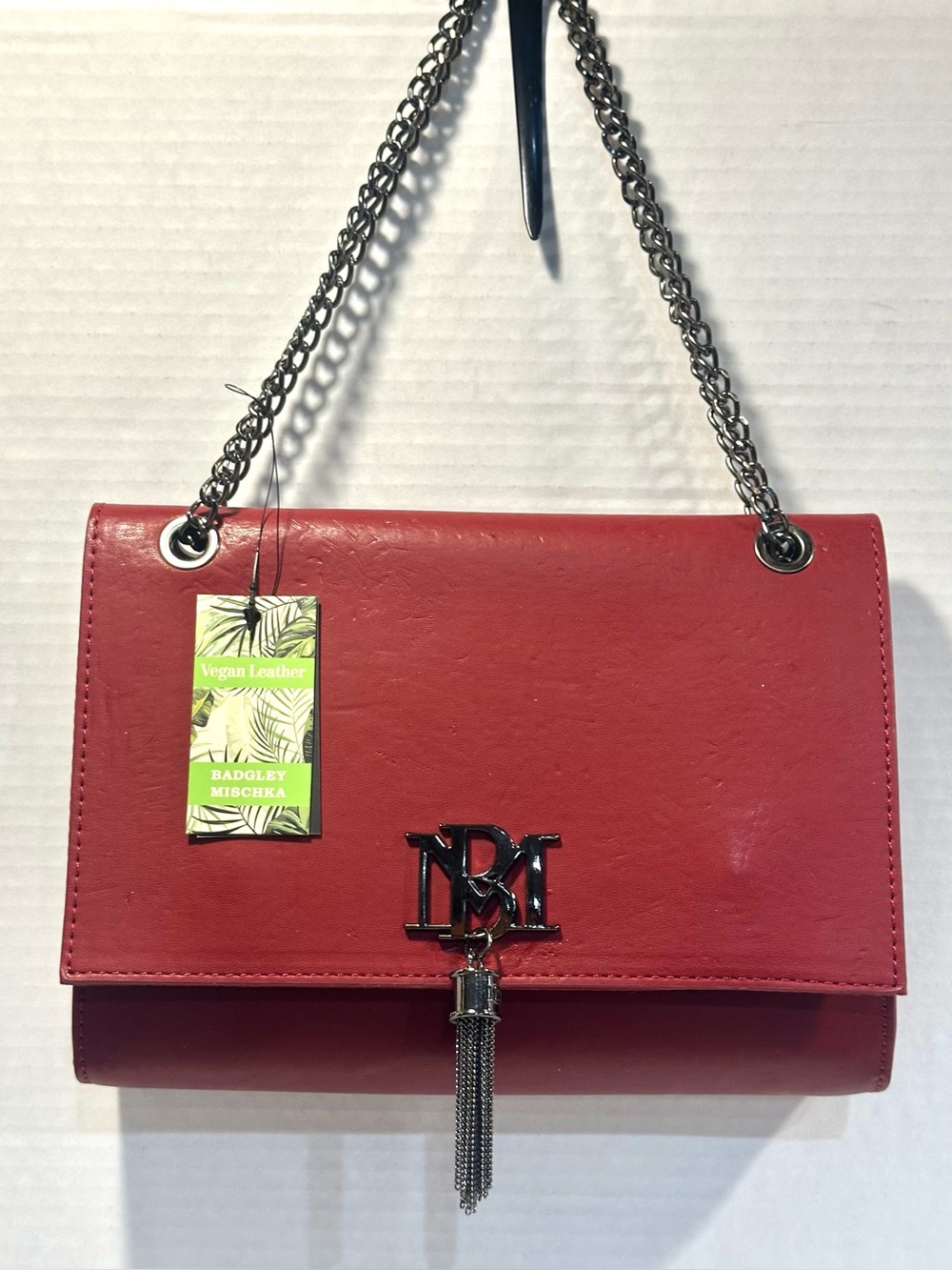Badgley Mischka Red Vegan Leather Shoulder Bag with Chain Strap